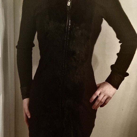 bebe Fur Front Black Long Sweater Dress, size XS - Picture 2 of 4